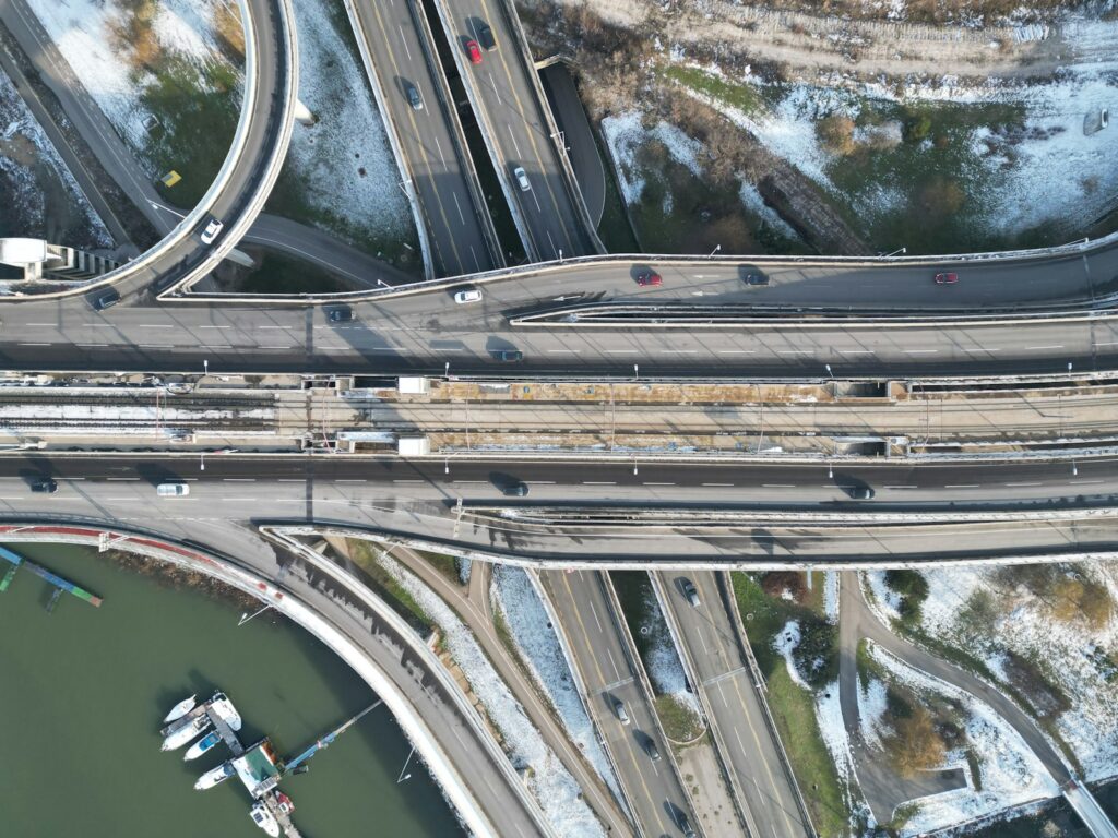 an aerial view of a highway intersection in winter Belgrade Metro